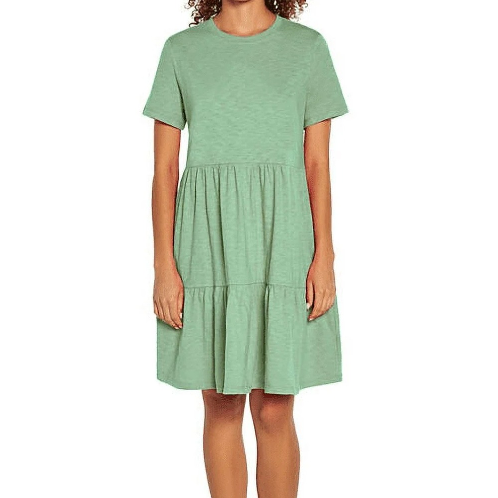 Gap T-Shirt Dress Green Crewneck Short Sleeve Tiered Skirt Side Pockets Size XS